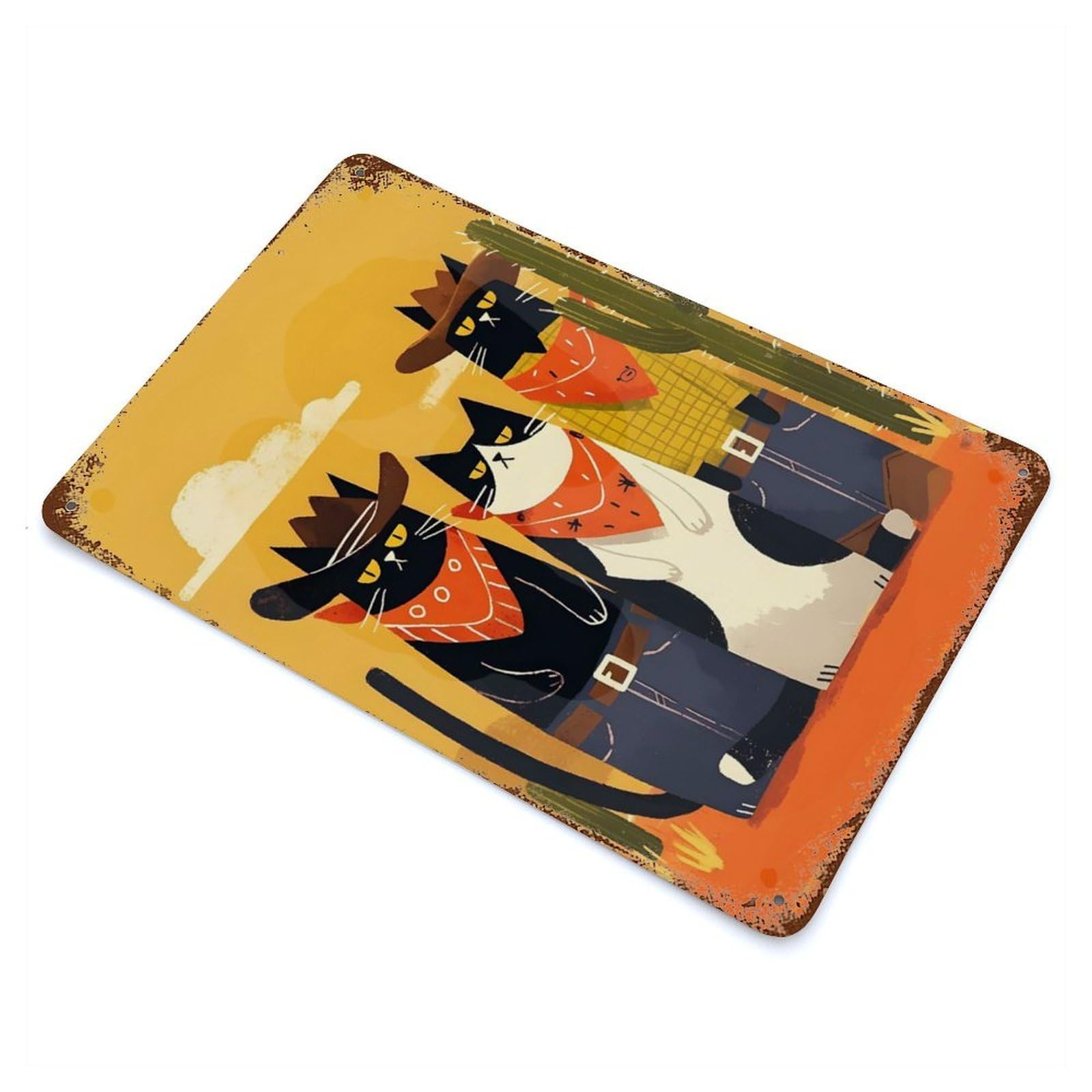 Decorative Tin Sign Cowboy Cats in The Desert 11.8"x7.9", Decorative Metal Wall Art for Garage, Bar And Workshop Decor