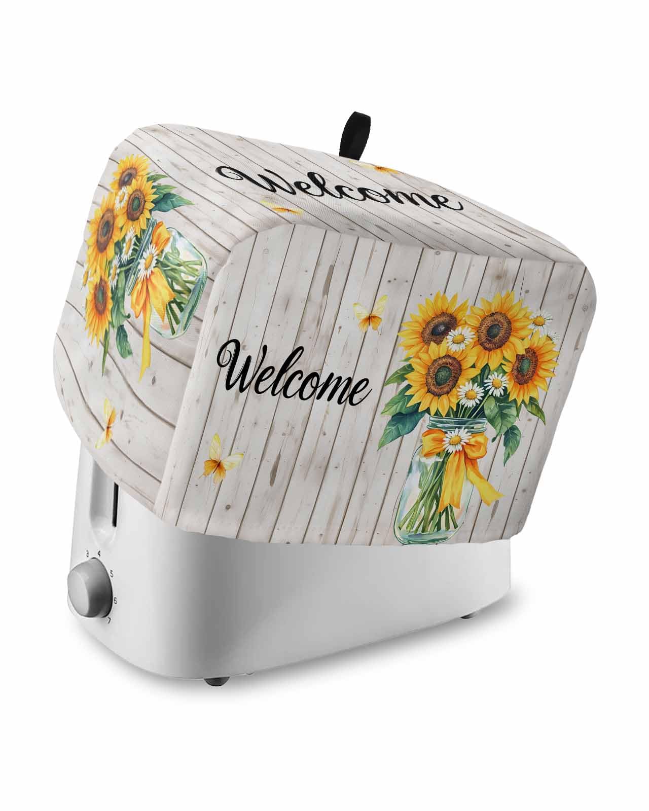 Spring Sunflower Toaster Cover 2 Slice, Yellow Butterfly Wood Farm Country Dustproof Bread Machine Oven Cover with Storage Pockets, Fits Most Kitchen Toasters Protector