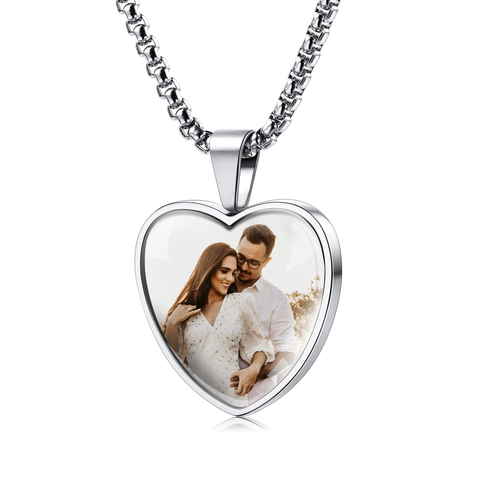 INBLUECollares Personalizados para Mujeres/Hombres, Collares con Fotos con Colgantes de Corazón y Tapa de Vidrio, Cadena de Acero Inoxidable de Color Plateado/Negro, para Regalos de San Valentín