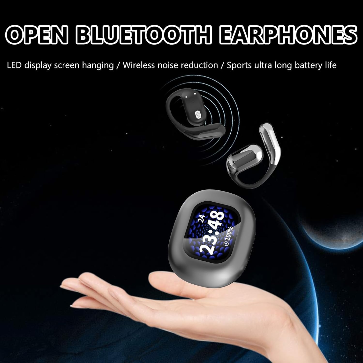 Auricolari aperti wireless Bluetooth 5.4, cuffie touch screen intelligenti, 50 ore di riproduzione, gancio per l'orecchio ergonomico, microfono integrato, custodia di ricarica con display a