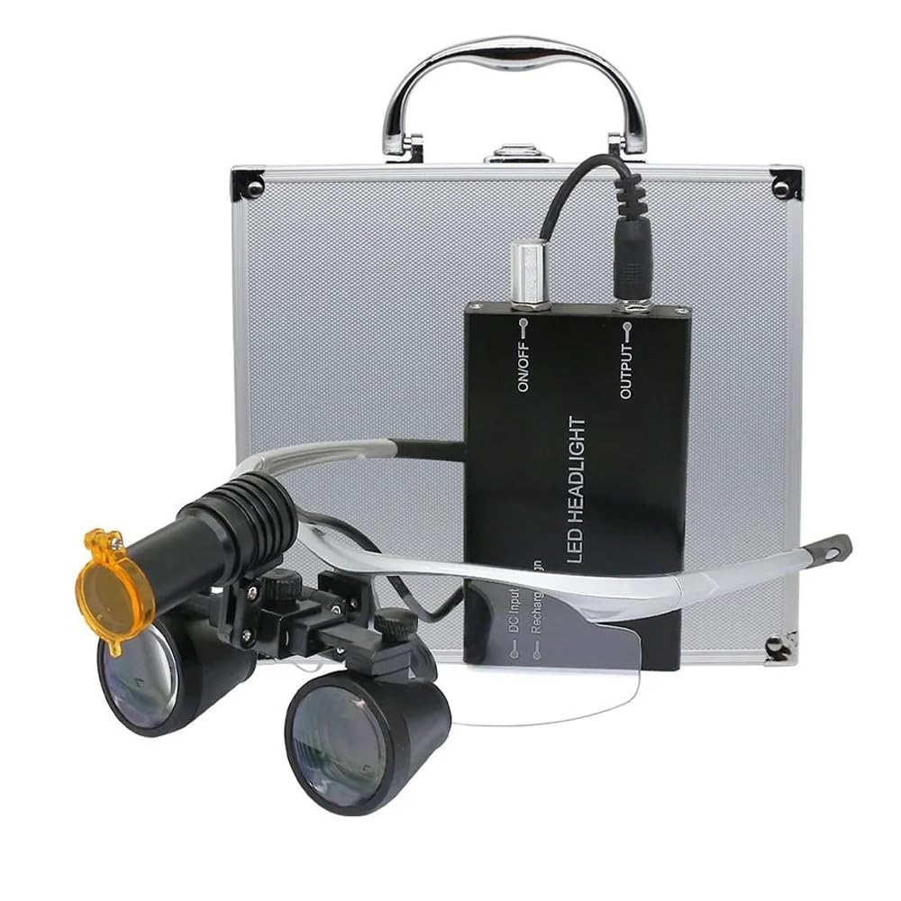 Generic 2.5X 3.5X Loupes Dental Loupe with Light 5W Headlight Yellow Filter 320-420 mm Surgical Binocular Magnifier Portable Aluminum Suitcase (2.5X), Gray