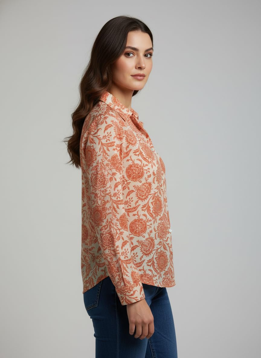 ANNI Designer Bedrucktes Damenhemd aus Baumwollmischgewebe, langärmelig, normale Passform, Hemdkragen, legere Bürokleidung, elegante Western-Kleidung für den Alltag, Hochzeit, Party