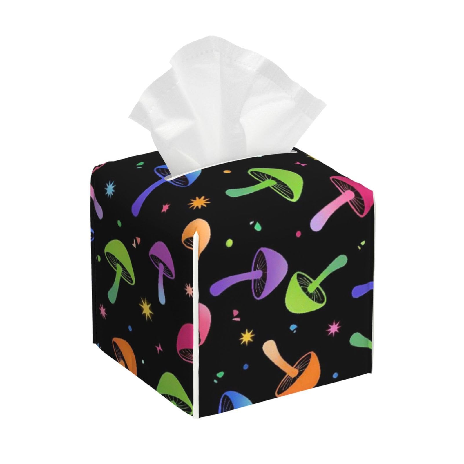 Colorful Neon Mushrooms Leather Tissue Box Cover Holder Square Facial Paper Organizer 5.2" X 5.2" X 5.2"