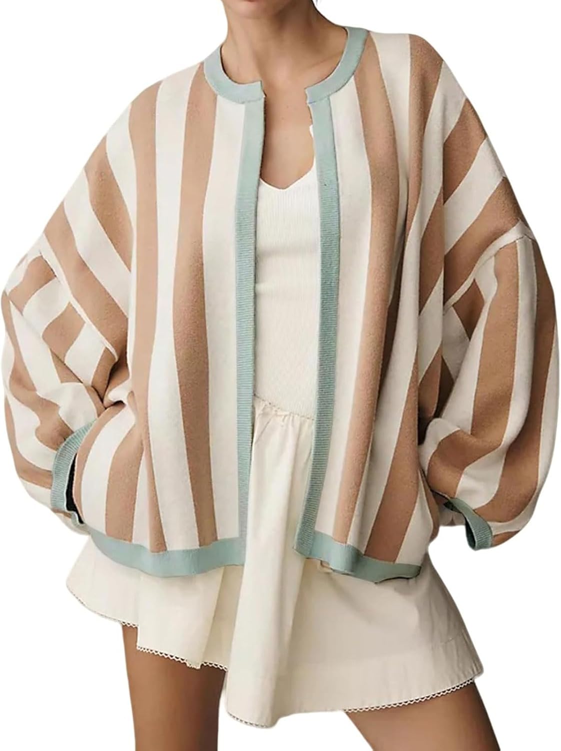 CHARTOU Womens Contrast Striped Open Front Cardigan Oversized Balloon Sleeve Knit Fall Sweater Coatigan