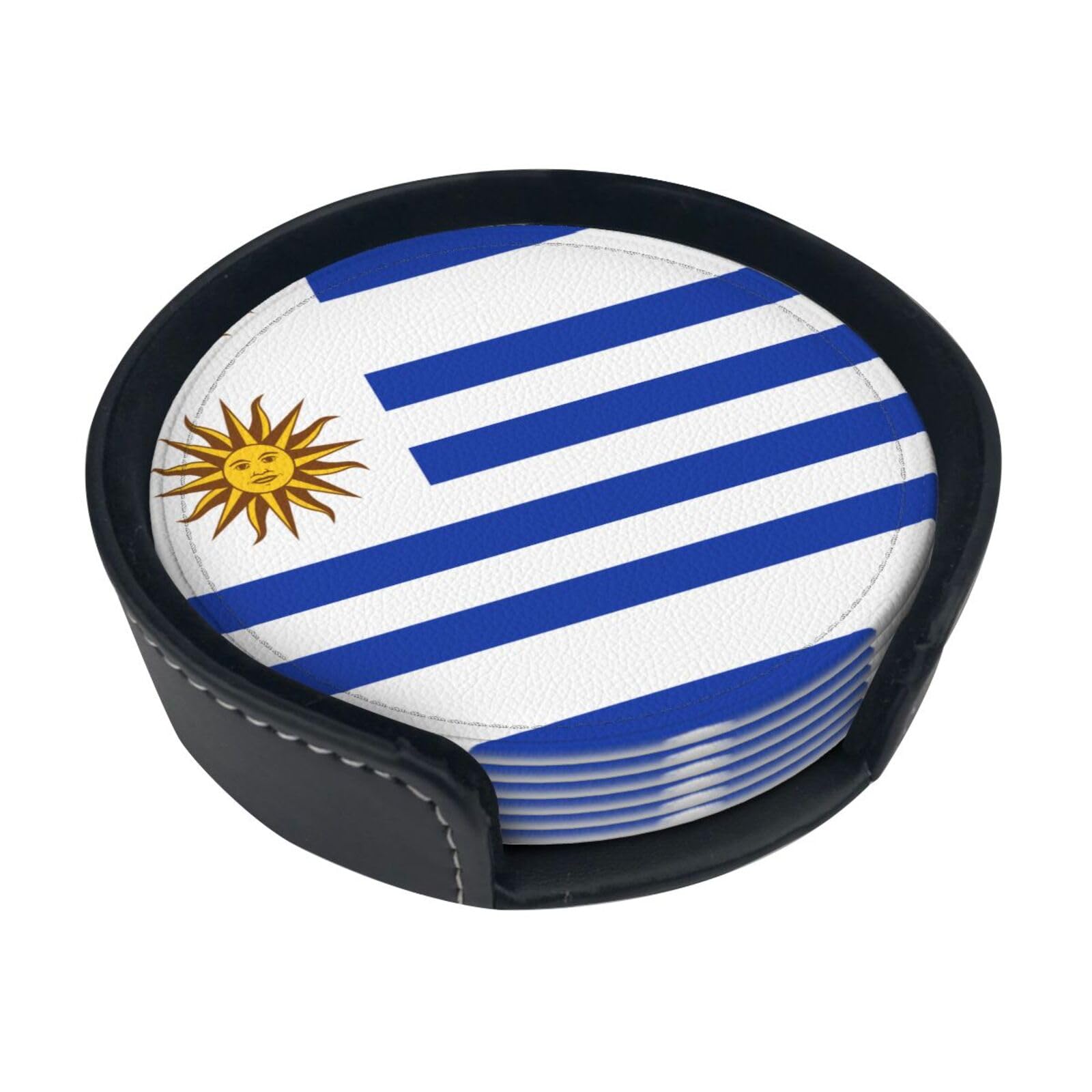Flag of Uruguay Printed Coaster Set, with Holders, 6 Pieces. Suitable for Dining Tables, Kitchen Decor, and Coffee Tables.