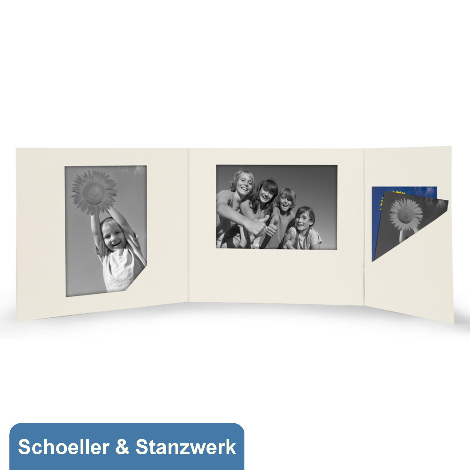 Schoeller & Stanzwerk© - 10 Stück 3-teilige Portraitmappen für 13x18 cm Fotos mit 2 Passepartouts und Bildertasche in creme
