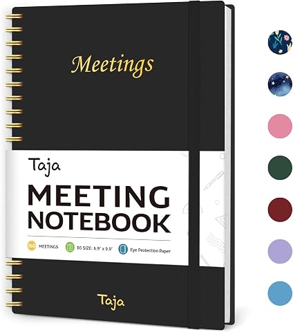 Meeting Notebook for Work Organization, 160 Pages, 6.9 x 9.9 inches, Black
