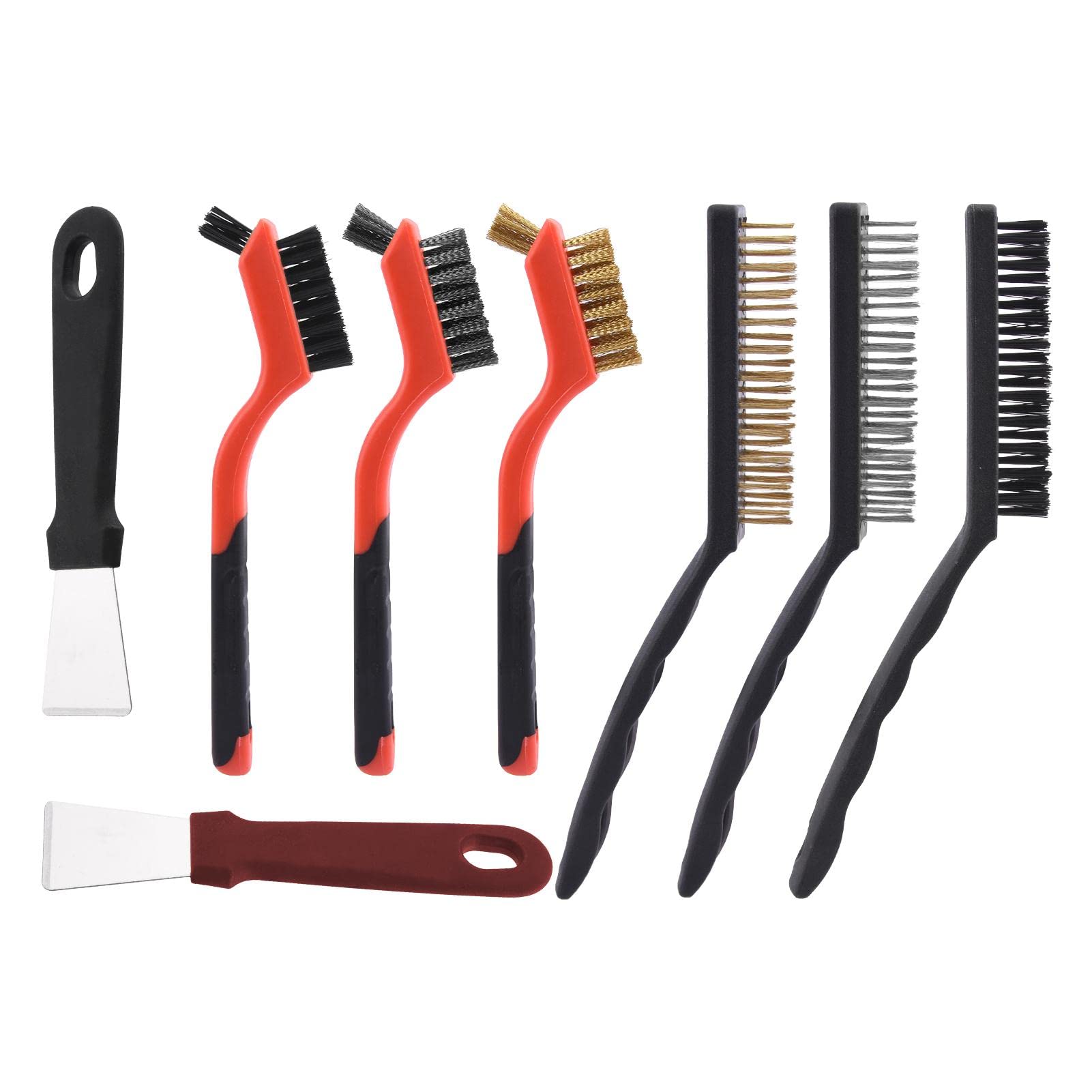 8pcs Small Wire Brush Set, Stainless Steel/Brass/Nylon Wire Brushes with Metal Scraper for Cleaning Welding Slag, Rust, Dirt, Paint and Dust(Black + Red)