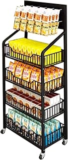 Snack Candy Display Organizer Shelf, Home Theater Retail Storage Rack with 4 Wheels & 15 Hooks, 4-Tier Black Metal Supermarket Basket Stand Cart ( Color : Black , Size : 60x27x140cm/23.6x10.6x55in )