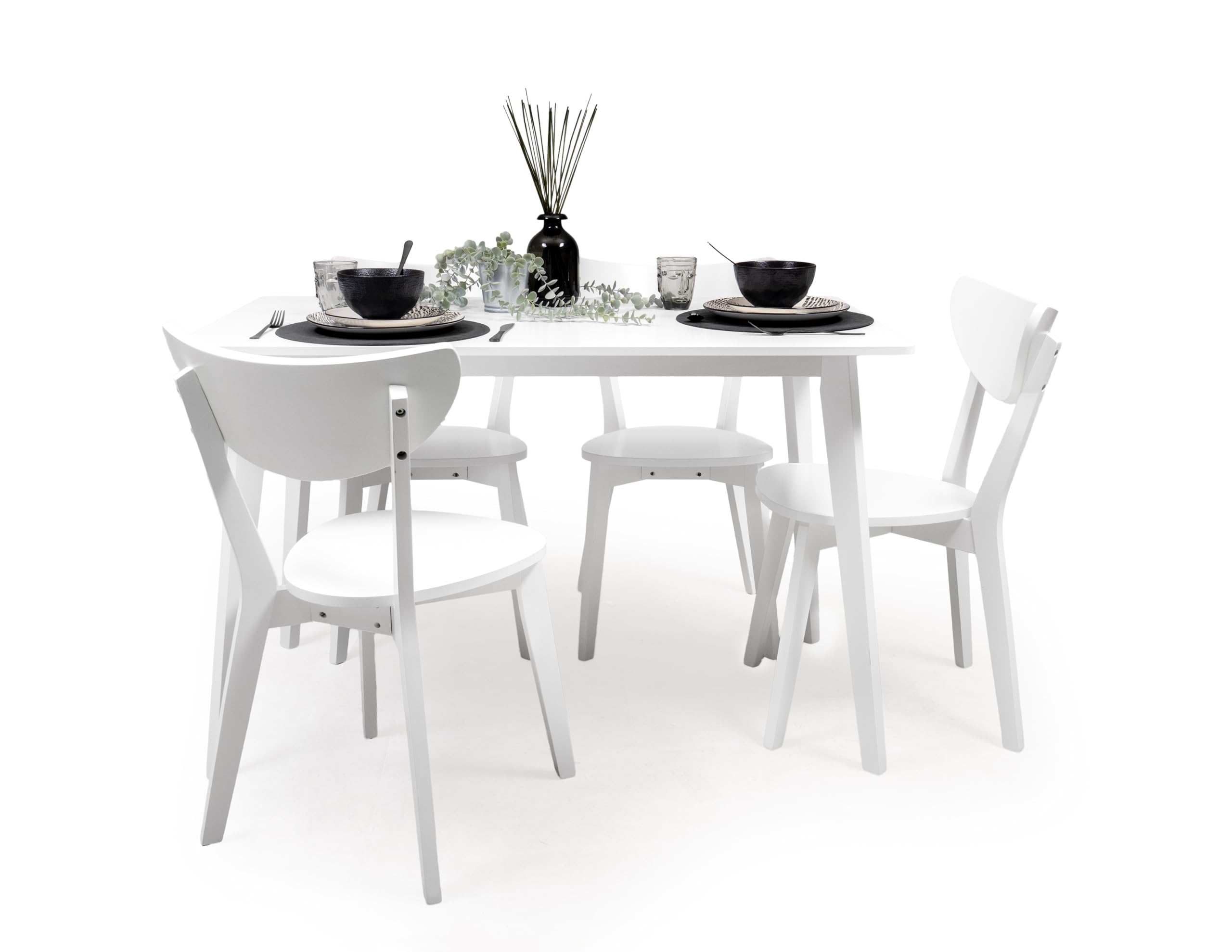 Homely®| Conjunto de Comedor Wendover con Mesa Rectangular 120x70 cm. y 4 Sillas, | Madera lacada Blanco | Estilo Nórdico-Escandinavo | Madera Maciza y MDF | Pack de mesa y sillas informal y económico