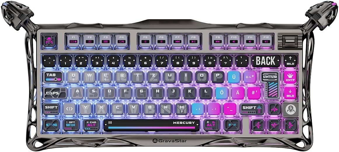 GravaStar Mercury K1 Pro Gaming Tastatur Deutsches Layout (QWERTZ), 75% Gasket Hot-Swap-fähiger Mechanische Tastatur Kabellos mit 8000mAh Akku, RGB &amp; Aluminium Gehäuse, Cyberpunk Edition