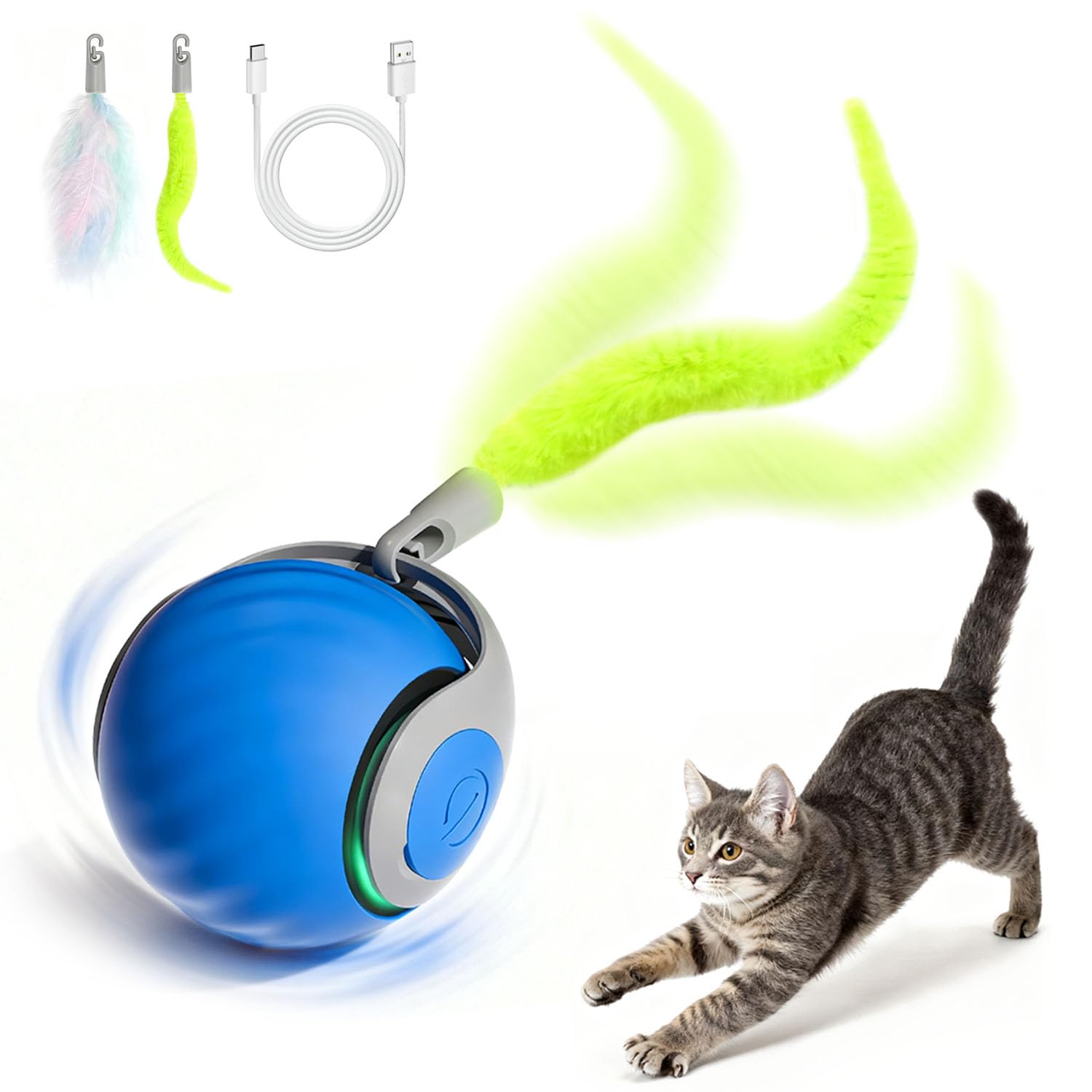 Kinizuxi Interaktiver Katzenball mit Federschwanz, Wiederaufladbares Elektrisches Katzenspielzeug Ball, 2 Modi Automatisch Bewegender Spielball für Wohnungskatzen, Selbstbeschäftigung (Blau)
