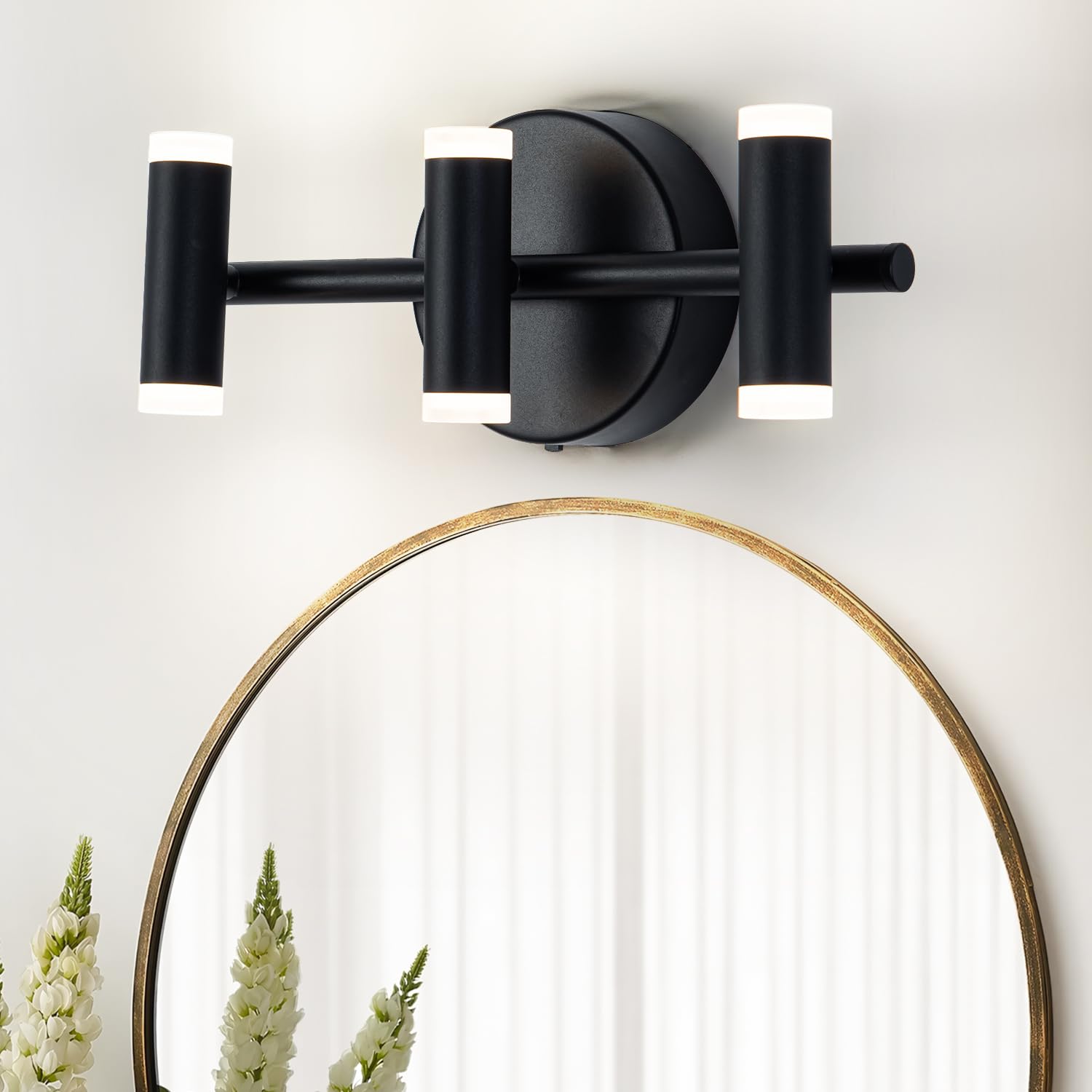 BESTWEST 3 Light Bathroom Vanity Light, LED Matte Black Vanity Light Fixtures, Up and Down Bathroom Lighting Fixtures Over Mirror (18W)