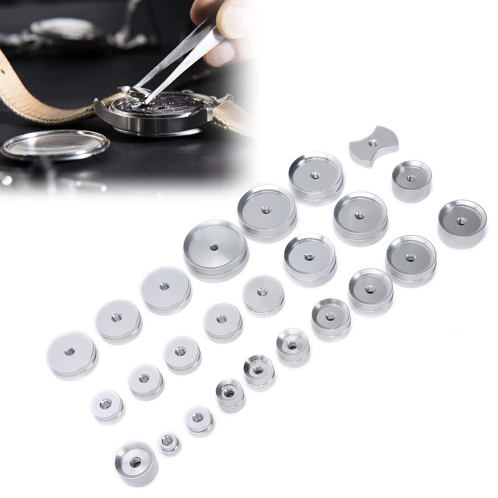 25PCS Tappatrice per orologi Pressa per stampi in lega di alluminio Set di chiusure per fondello dell'orologio per orologiaio Orologio da polso Chiusura della copertura