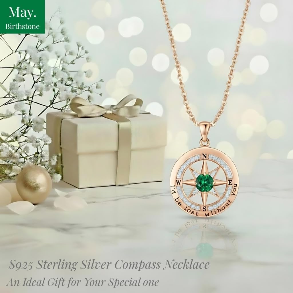 Compass Necklace for Women Wife Girlfriend Mom Daughter Gifts S925 Sterling Silver Jewelry For Anniversary Rose Gold Gifts For Birthday Christmas Mothers Valentines Day 12 Birthstones - Image 3