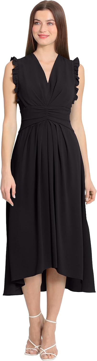 Maggy London Womens V-Neck Hi-lo Midi Dress with Gathered Waist and Ruffle Details