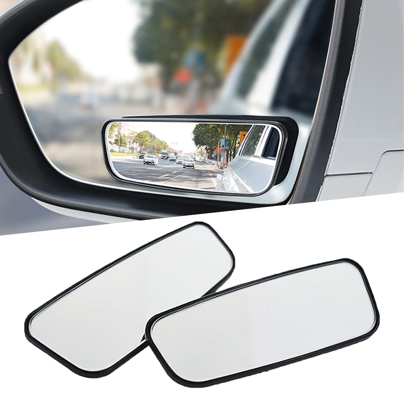 Pack-2 HD Convex Wide Angle Looking Glass, 3.74" x 1.41" Rectangular Curved Blind Spot Mirror, General Motors Parking Aid Tool, Universal for Most Cars (Black)