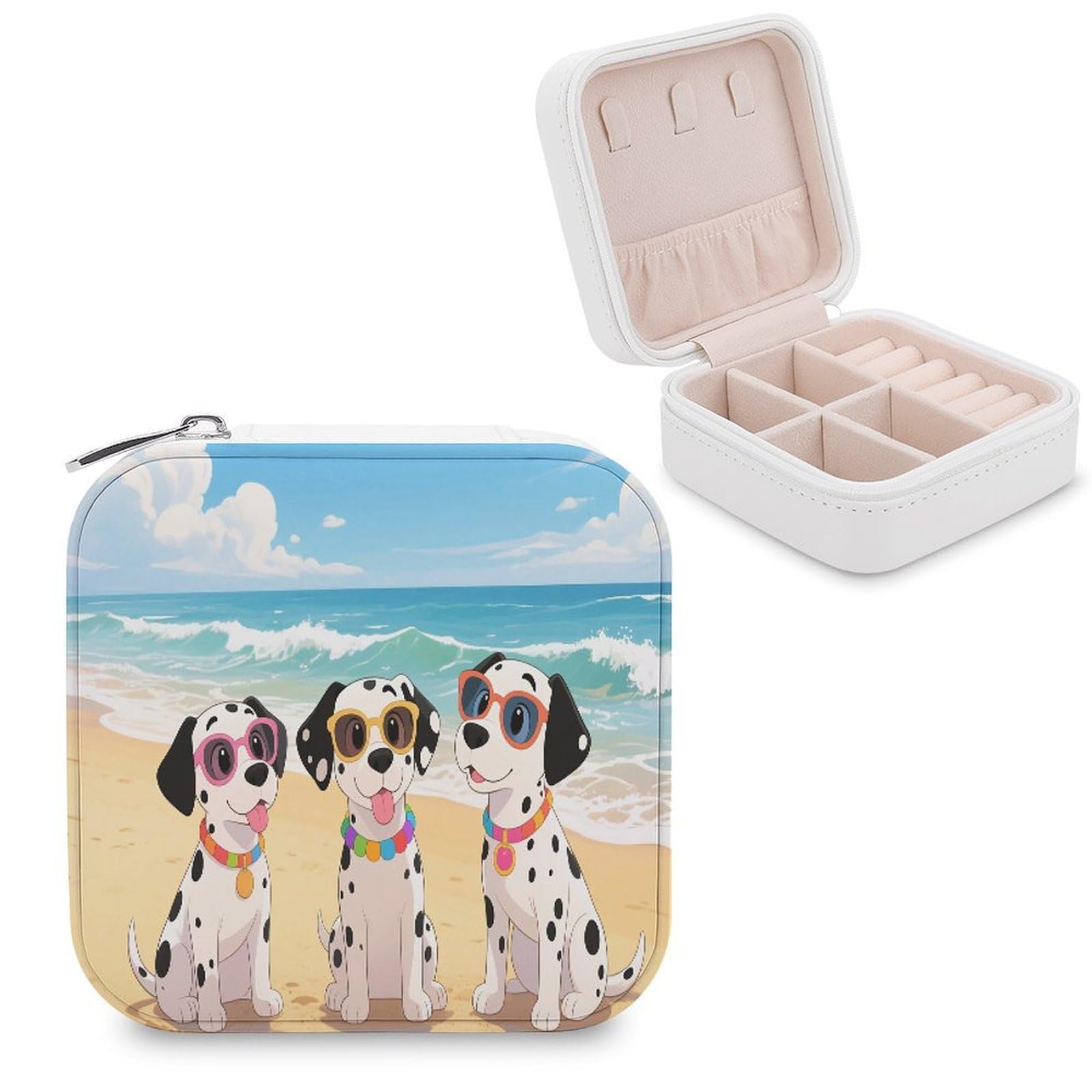 VstaDank Beach Dogs Jewelry Box for Women Jewelry Organizer Storage Case with Zipper Mini Travel Jewelry Case Cute Trinket Organizer Leather Portable Jewelry Storage Box