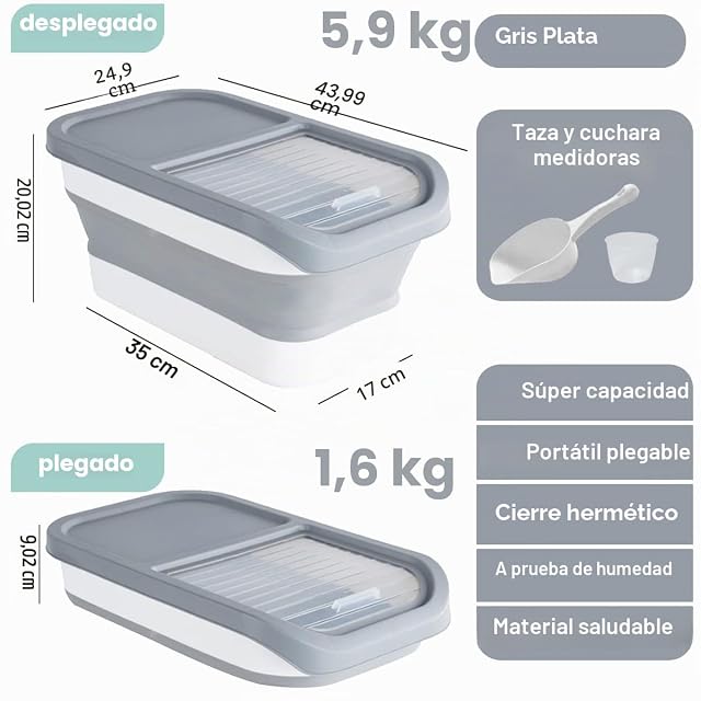 Foto 3 de 6 de Wuciray Contenedor Pienso Perro Gato Plegable Cubo Caja Almacenamiento Comida con Pala y Taza Medidora
