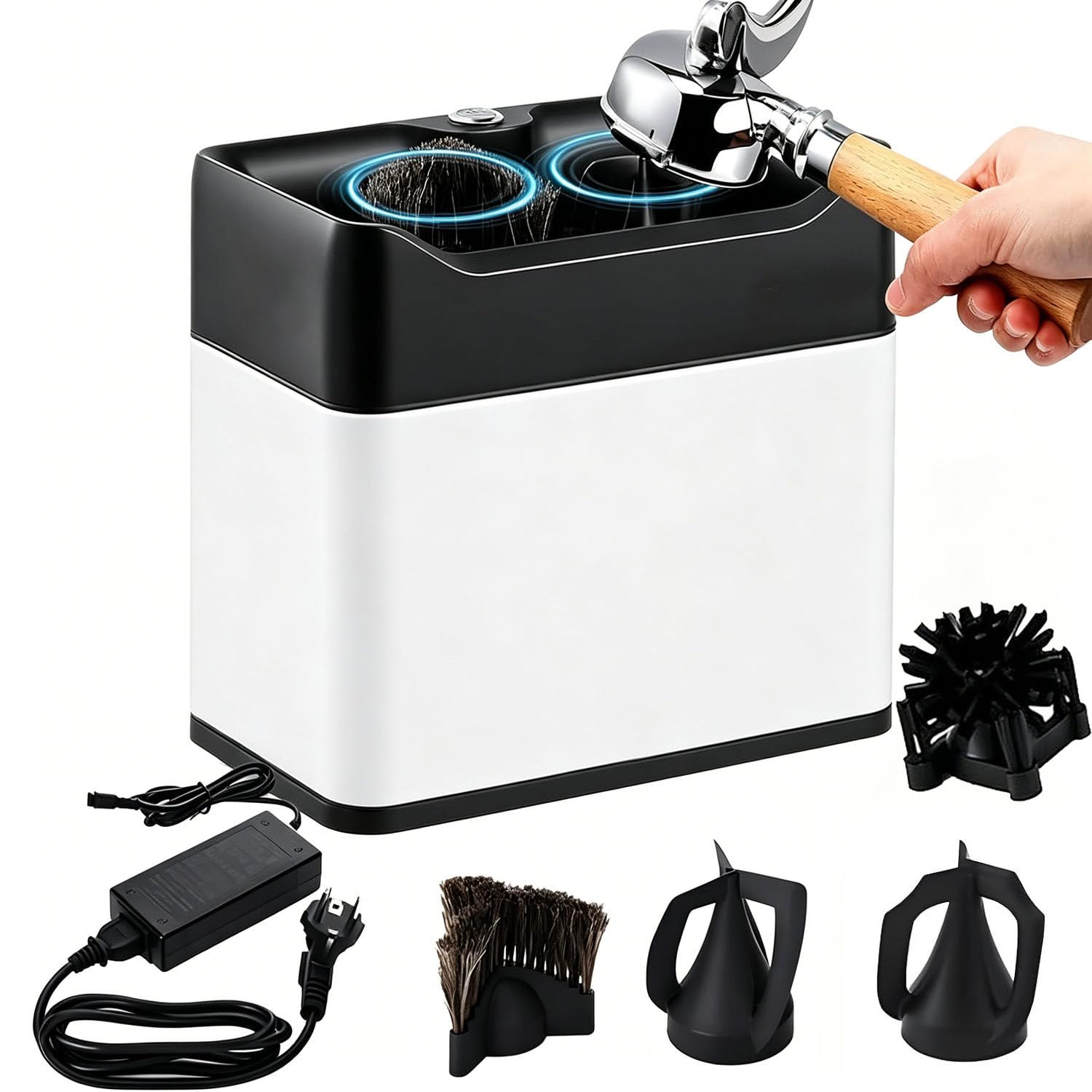 Electric Portafilter Cleaner with 2 Scrapers for 58mm Portafilters White