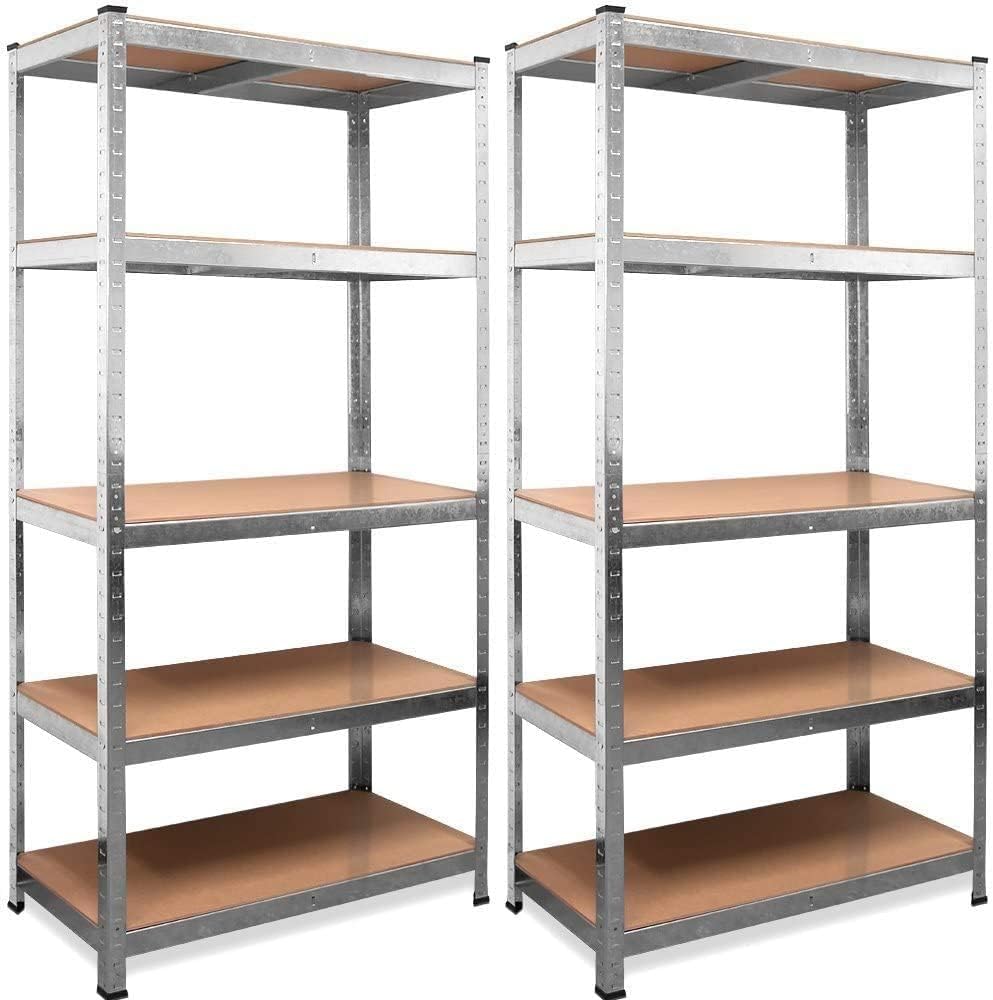 Megashopitalia Scaffale (2 pezzi) Mensola Scaffali Scaffalatura Metallo Zincato 5 Ripiani L90xP40xH180 cm Legno MAX 875KG (Argento)