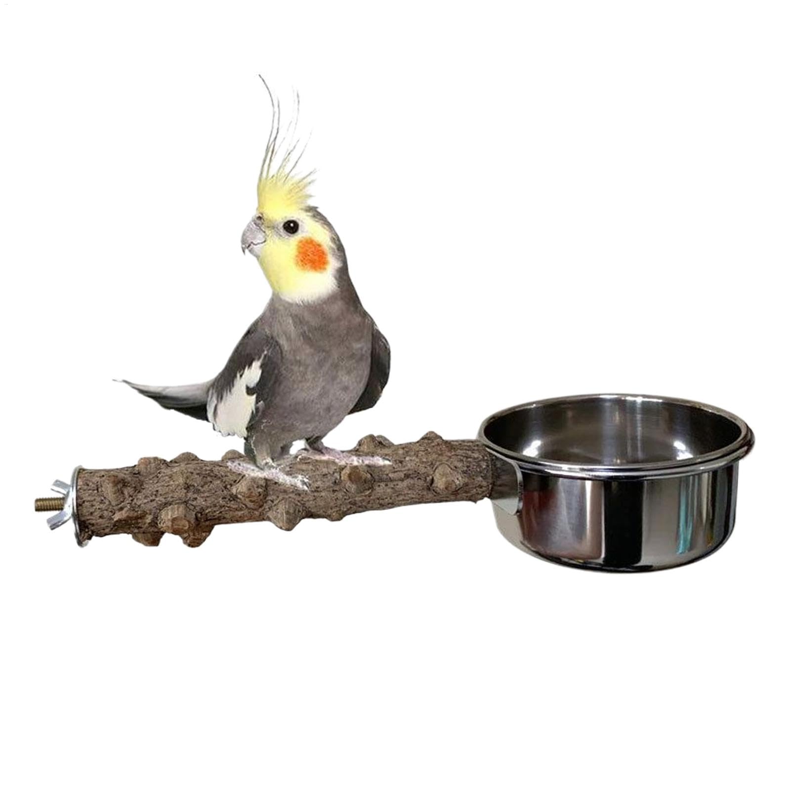 yupeuooe Bird Perch with Feeder Cup | Wooden Bird Cage Perch with Bowl,Integrated Design Feeding Tool for Cockatiels, Medium Parrots, Budgies, Parakeets