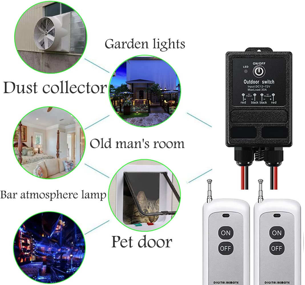DC12V Waterproof Remote Control Relay Switch,984ft Long Range Wireless Remote Switch,DC12V/24V/48V/72V 40A Relay RF Remote On Off Switch for Outdoor Light,Garage Door