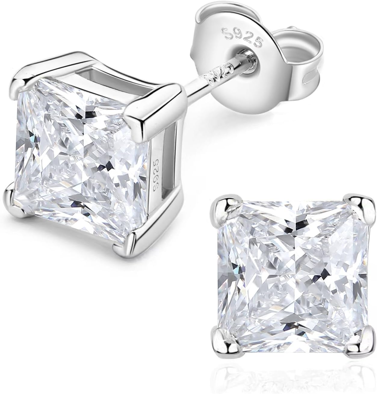 925 Sterling Silver Lab Simulation-Diamond Stud Earrings for Women, Round/Cushion/Princess Cut 5A Cubic Zirconia Stud Earrings Hypoallergenic Jewelry Gifts for Birthday Christmas Wedding