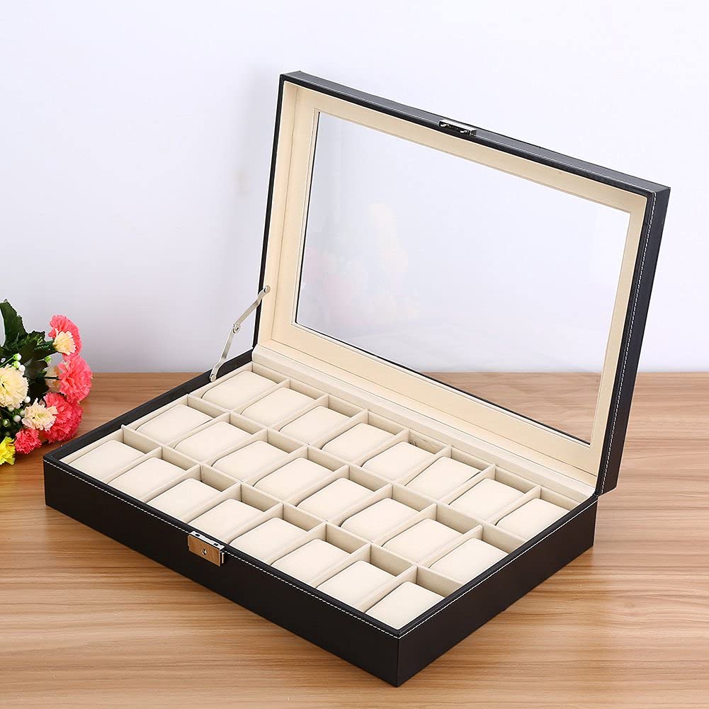Ejoyous Caja para relojes para 24 relojes, caja para relojes, caja para guardar joyas, caja de reloj con cerradura de metal y cojín para reloj, tapa de cristal, 43 x 29 x 8,5 cm