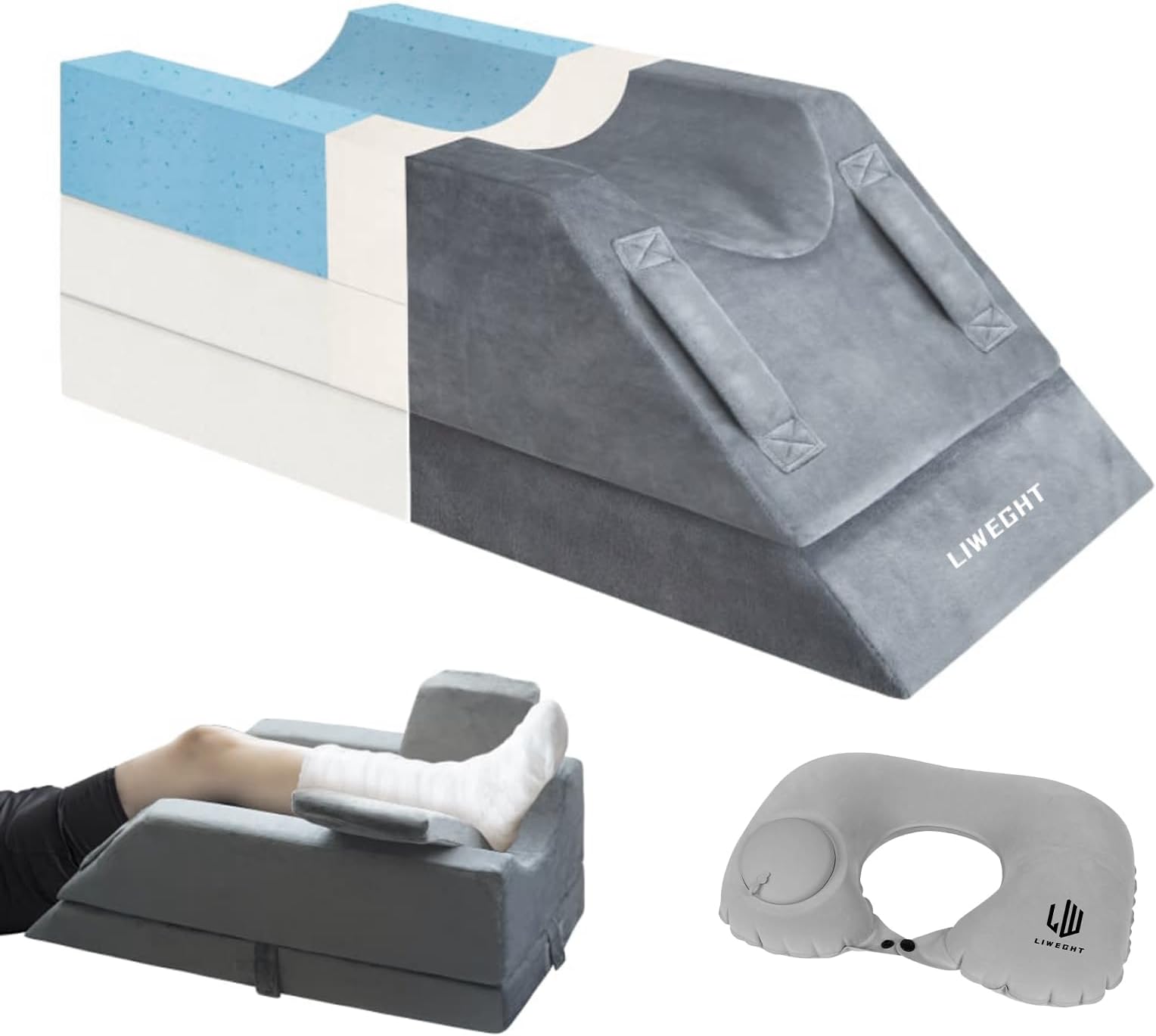 LIWEGHT Adjustable Leg Elevation Pillows for After Surgery, Injuries or Rest, Memory Foam Leg Elevating Pillow for Swelling, Knee Wedge Pillow with Handles, Washable Cover (AO)