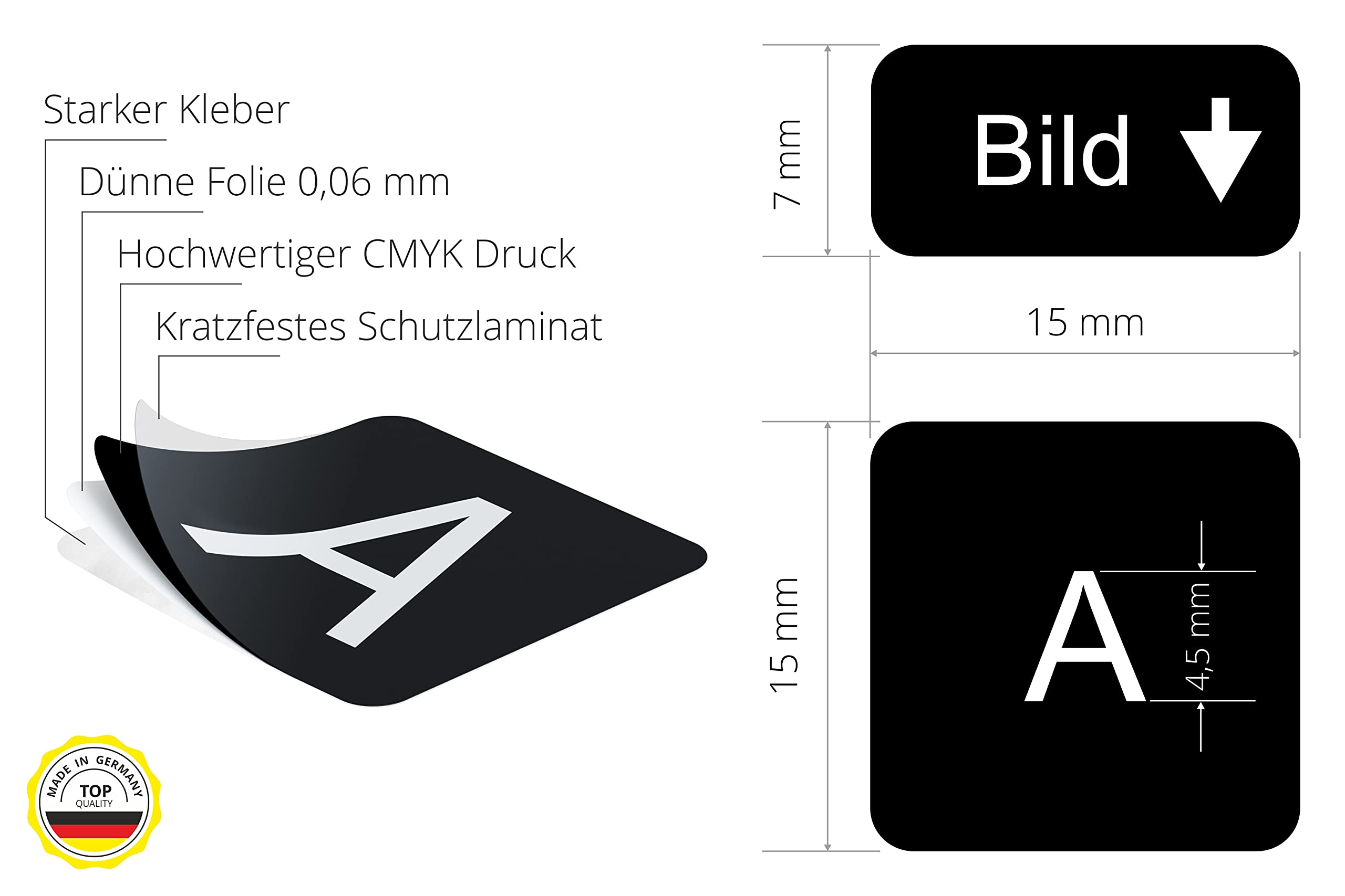 Pegatinas alemanas para teclados de ordenador y portátil | Set incluye teclas adicionales (15 x 15 mm, negro)