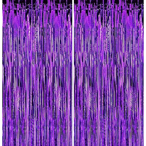 Image of 2 Pack 3.28 ft x 6.56 ft Purple Tinsel Curtain Party Backdrop - Metallic Foil Tinsel Fringe Backdrop Door Fringe for Birthday Graduation Wedding Party Photo Backdrop.