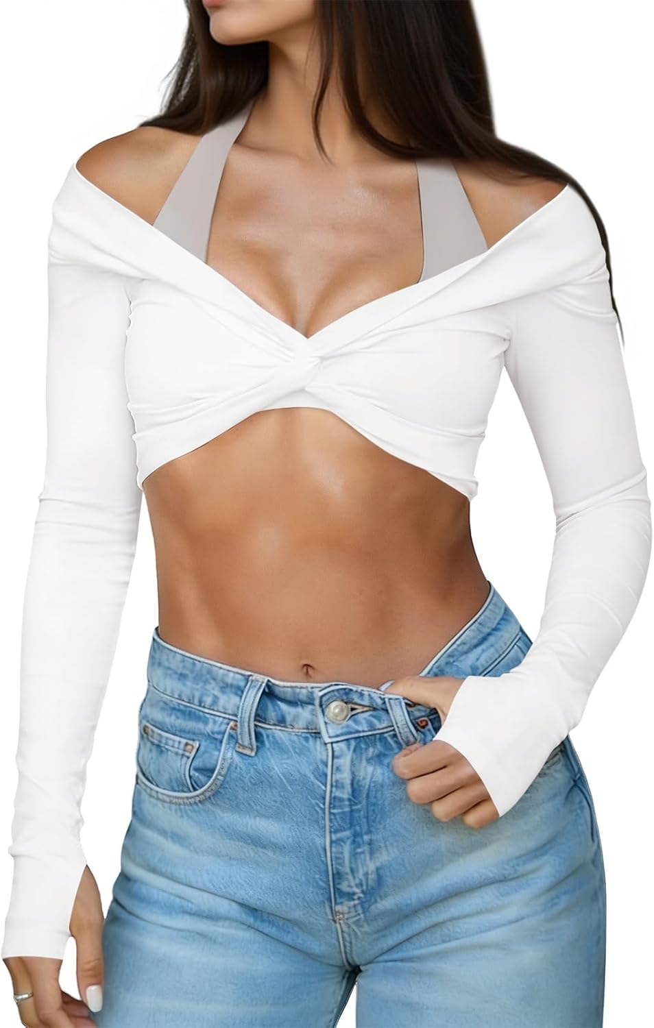 Yousify Womens Long Sleeve Workout Crop Tops Twist Deep V Neck Y2k Yoga Pilates Ballet T Shirt Top with Thumb Holes