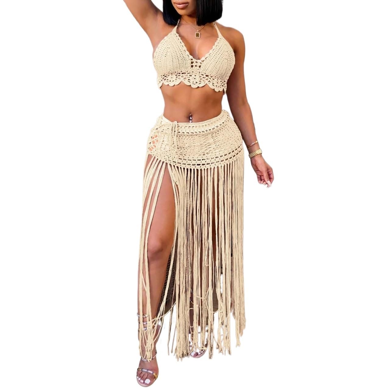 Cache Maillot Maillot de Bain Cache-Maillot Tendance Couleur Unie tricoté Taille Haute Gland Jupe Longue Maillot Bikini