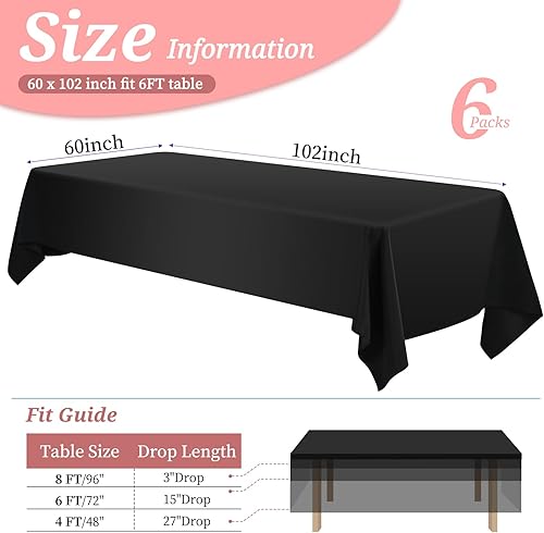 Miniatura 2 de YMHPRIDE Paquete de 6 manteles de poliéster para mesas rectangulares de 6 pies, manteles de poliéster negro de 60 x 102 pulgadas, manteles lavables