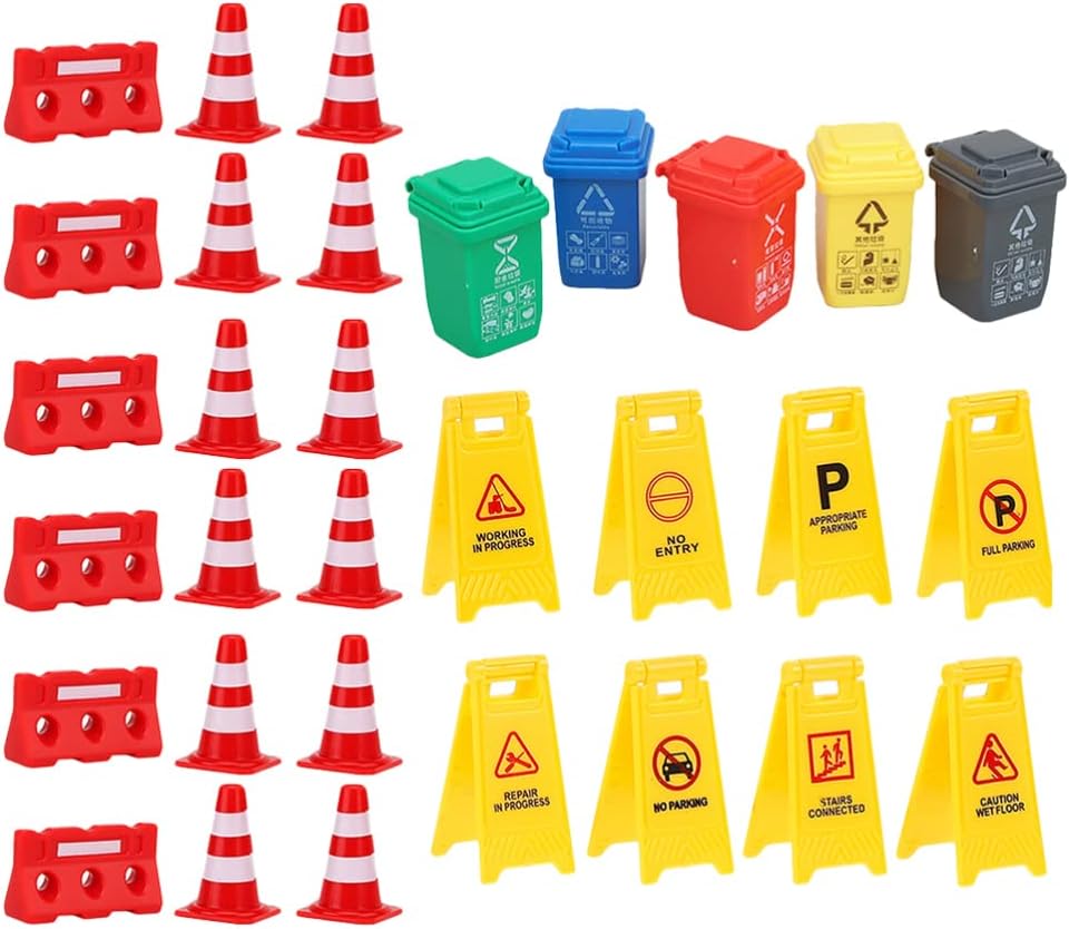 TOYANDONA 31Pcs Road Signs for Kids, Miniature Plastic Traffic Cones Mini Barrel Roadblocks Toys Set Educational Playset Pieces for Boys& Girls