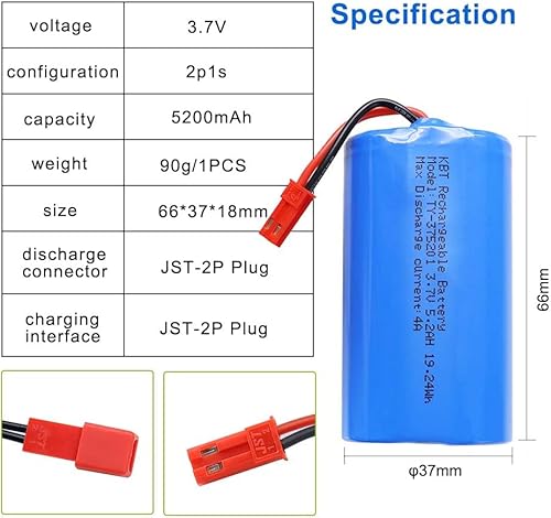 Miniatura 3 de KBT - Batería recargable de iones de litio de 3.7 voltios y 5200 mAh para coche RC, enchufe JST-2Pin, batería de iones de litio de 3.7 voltios con