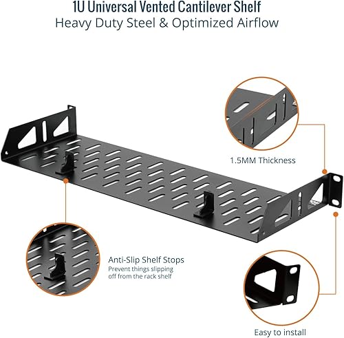 Miniatura 3 de Tecmojo - Estante de rack 1U, estante de rack de 19 pulgadas con 6 pulgadas de profundidad, estante de montaje en rack con topes antideslizantes,