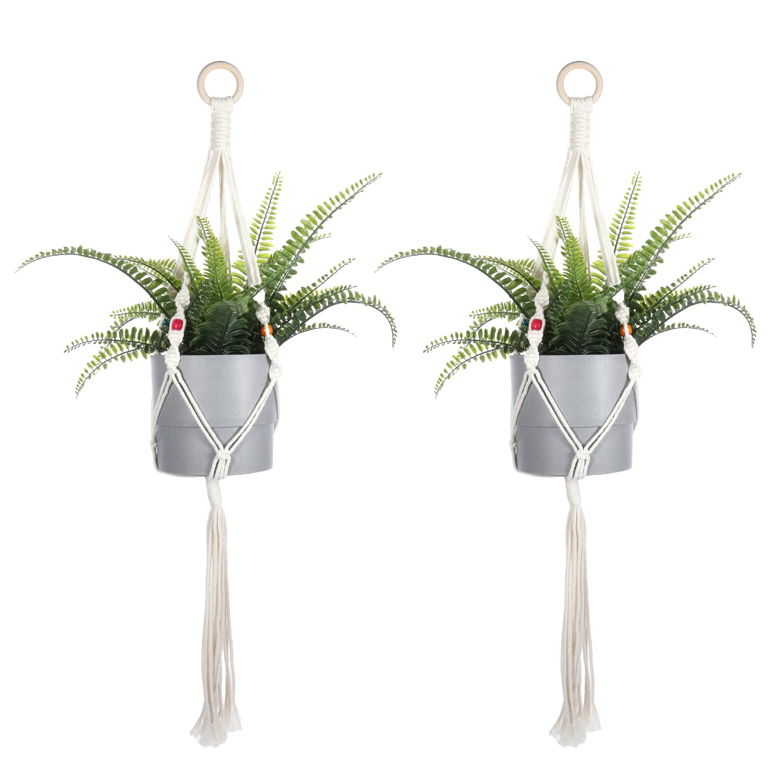 2 cestas colgantes de macramé, 76 cm, para interior, bohemio, cuerda de algodón para macetas colgantes con madera de álamo, soporte para macetas para interiores, exteriores, techos, balcón,