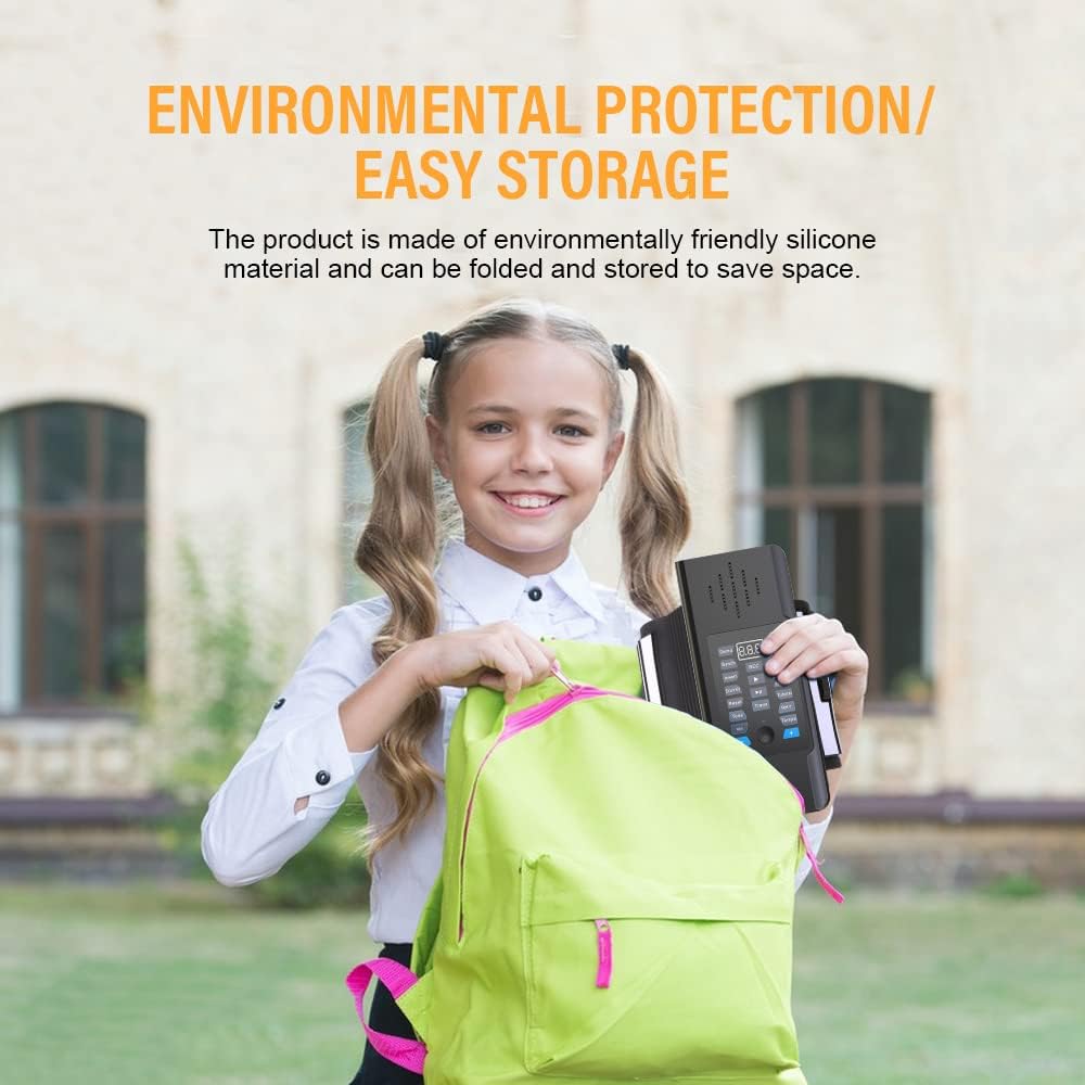 A child placing the rolled-up KONIX piano into a backpack, demonstrating its portability and ease of storage.