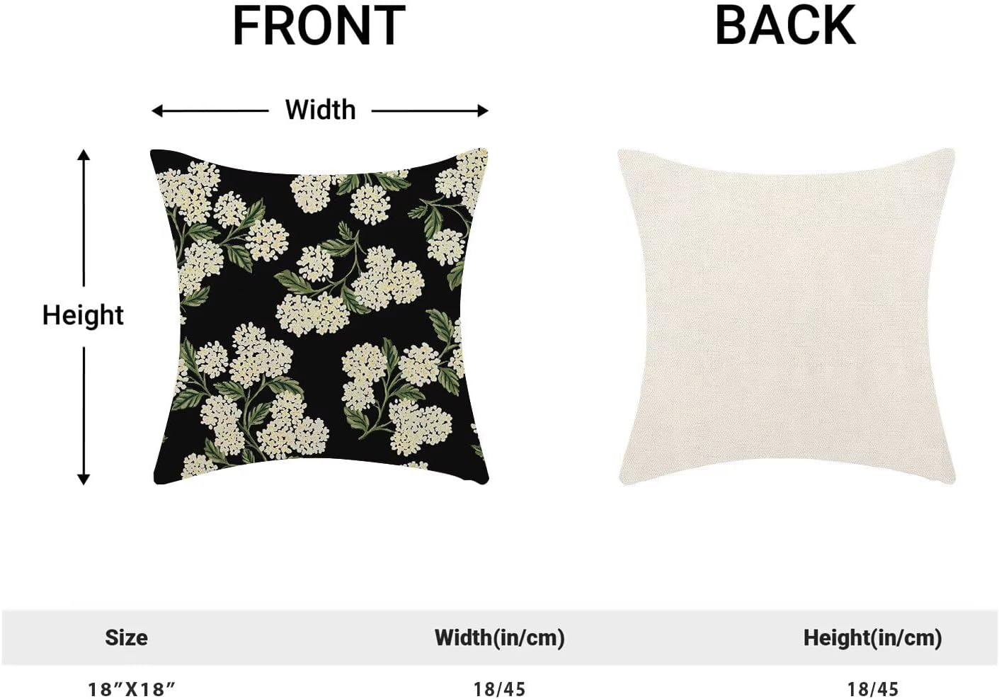 Spring Hydrangea Flowers Pillow Covers 18x18 Inch Set of 2, Black Retro Floral Pattern Outdoor Decorative Throw Pillowcase Nature Floral Cushion Cover for Sofa Couch Living Room Bed Decor image 5