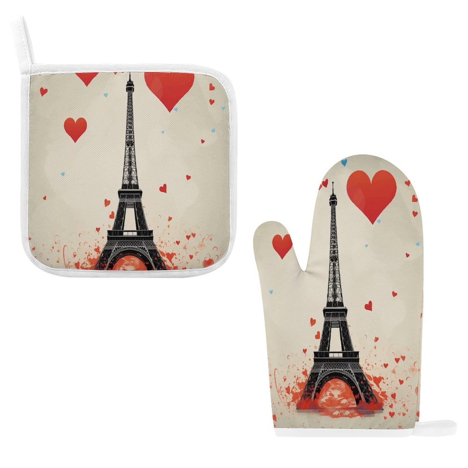 Eiffel Tower Heart Airplane Pattern Oven Mitts and Pot Holders Sets