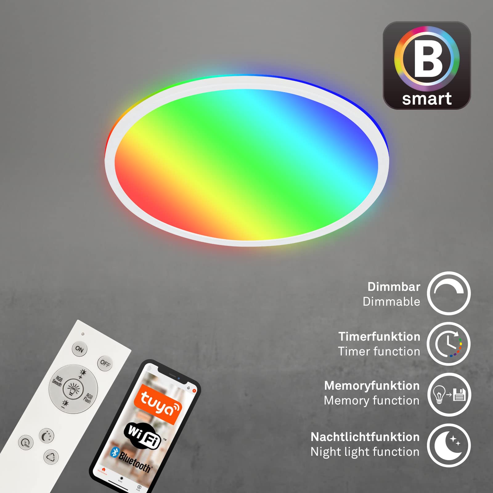 BRILONER - Plafoniera LED intelligente, colori brillanti RGB, effetto luce indiretta, luce bianca neutra, lampada da salotto WiFi, telecomando, controllo vocale