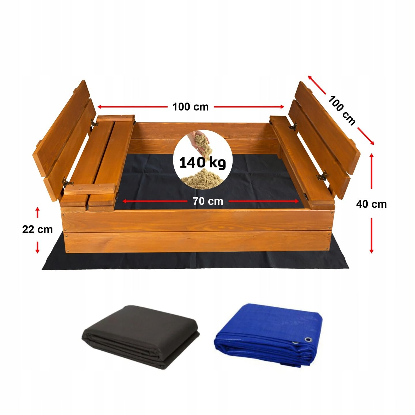 SunWood Sandkasten 100x100 cm Imprägniert Premium Sandbox mit Abdeckung Sitzbänken Deckel Plane Sandkiste Holz Kiefer Sandkastenvlies Amber-Imprägniert