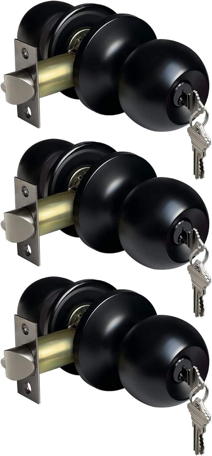 [3 Pack] BESTTEN Keyed Entry Door Knob, Entrance Door Lock, Keyed Different, Standard Ball, Matte Black 3 Matte Black