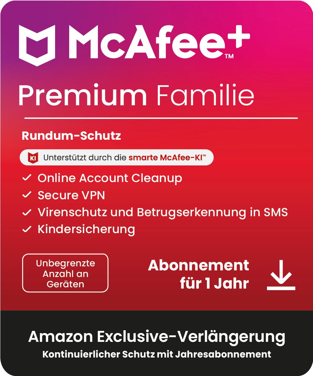 McAfee+ Premium - Family, Virenschutz- und Internet-Sicherheitssoftware für eine unbegrenzte Anzahl an Geräten, 1-Jahres-Abonnement, mit automatischer Verlängerung
