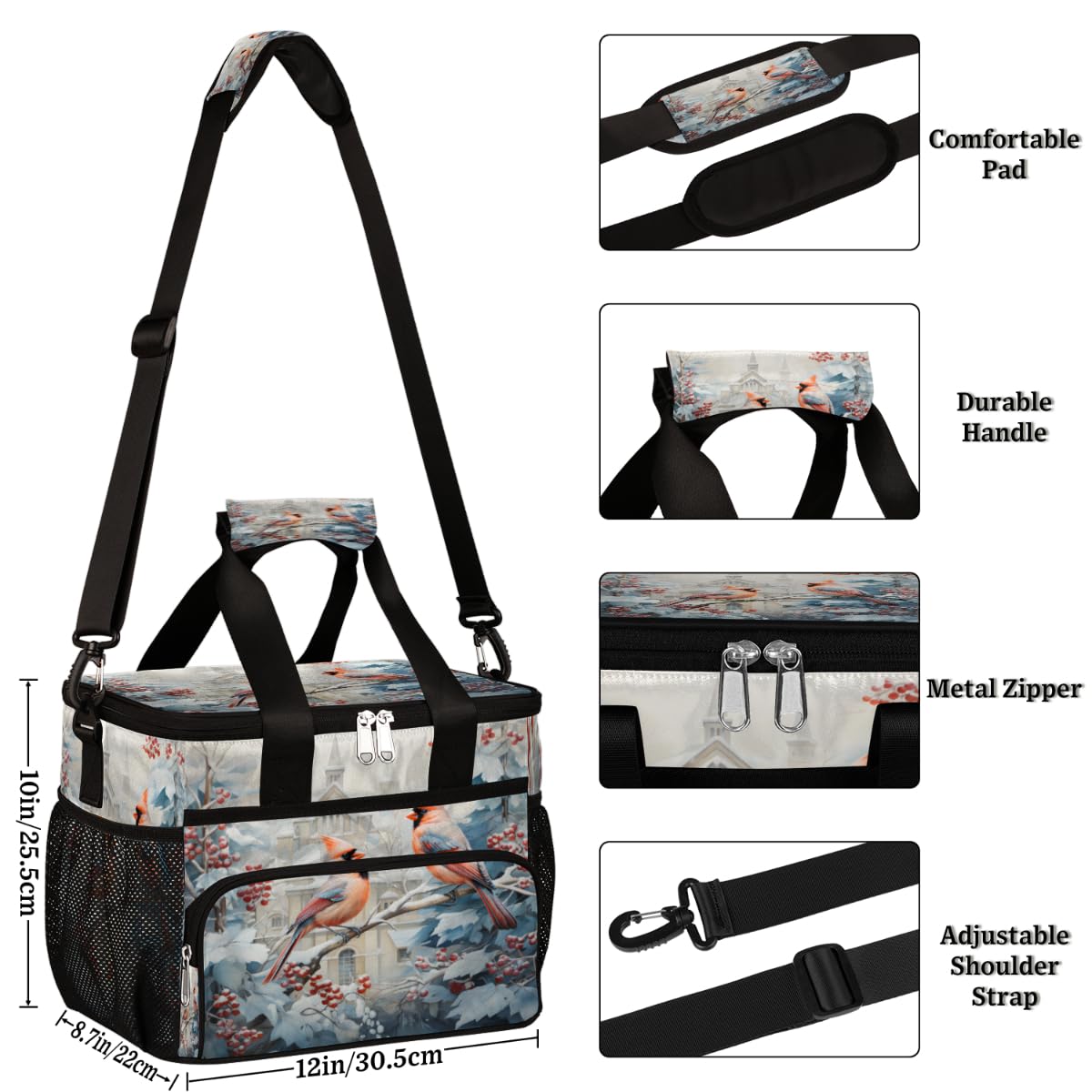 Snow Insulated Picnic Backpack Lunch Box for Women Men Picnic Basket Tote Lunch Bag Picnic Bag Portable Lunch Bags for Picnic, Beach, Work, Trip,Office, Camp Winter Bird