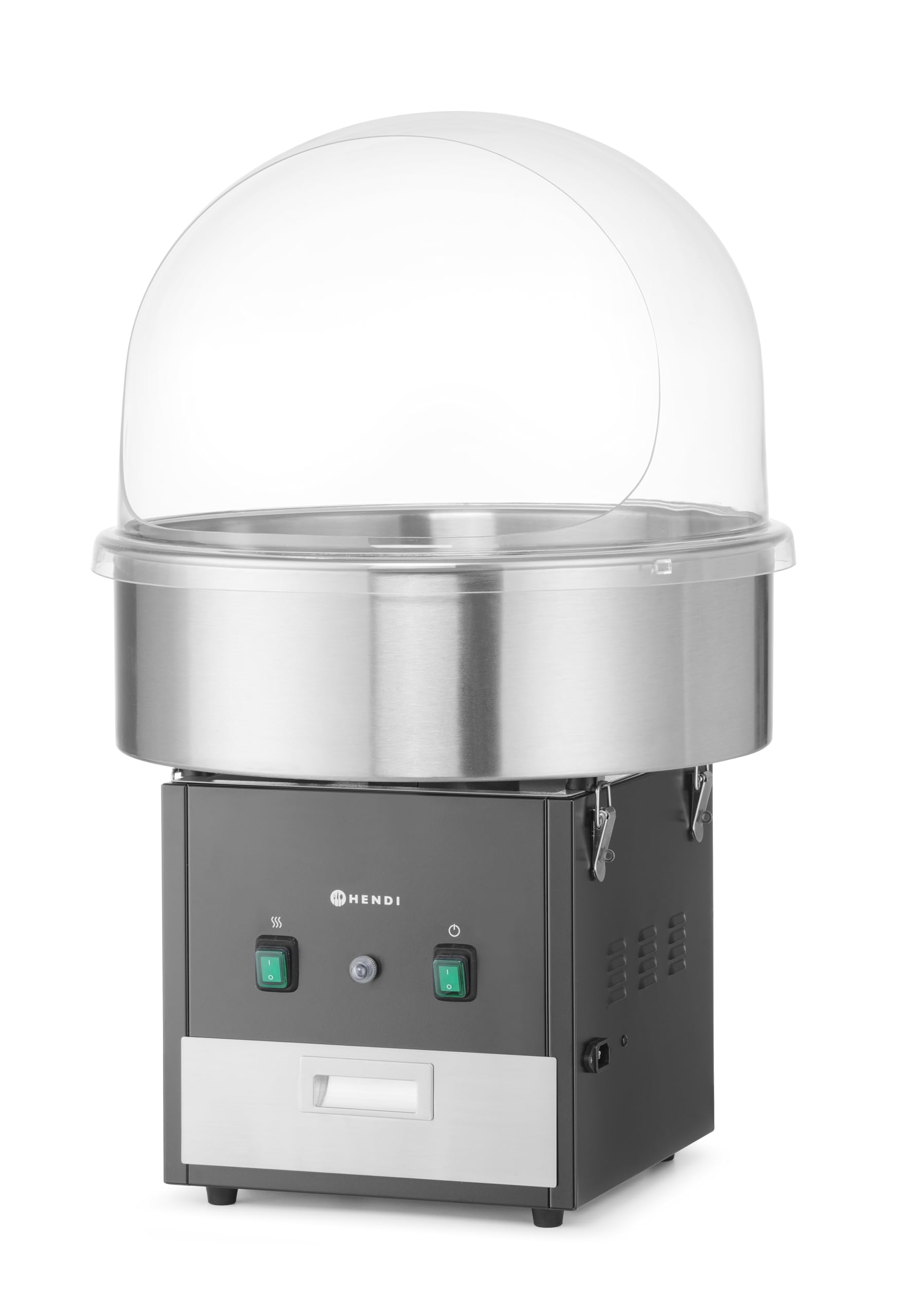 HENDI Zuckerwattemaschine, mit Zuckerspender, Schublade, herausnehmbare Schale, Überhitzungssicherung, Cotton Candy Machine, Zuckerwatte Maschine, 230V/1130W, 520x520x(H)503mm, Edelstahl, schwarz