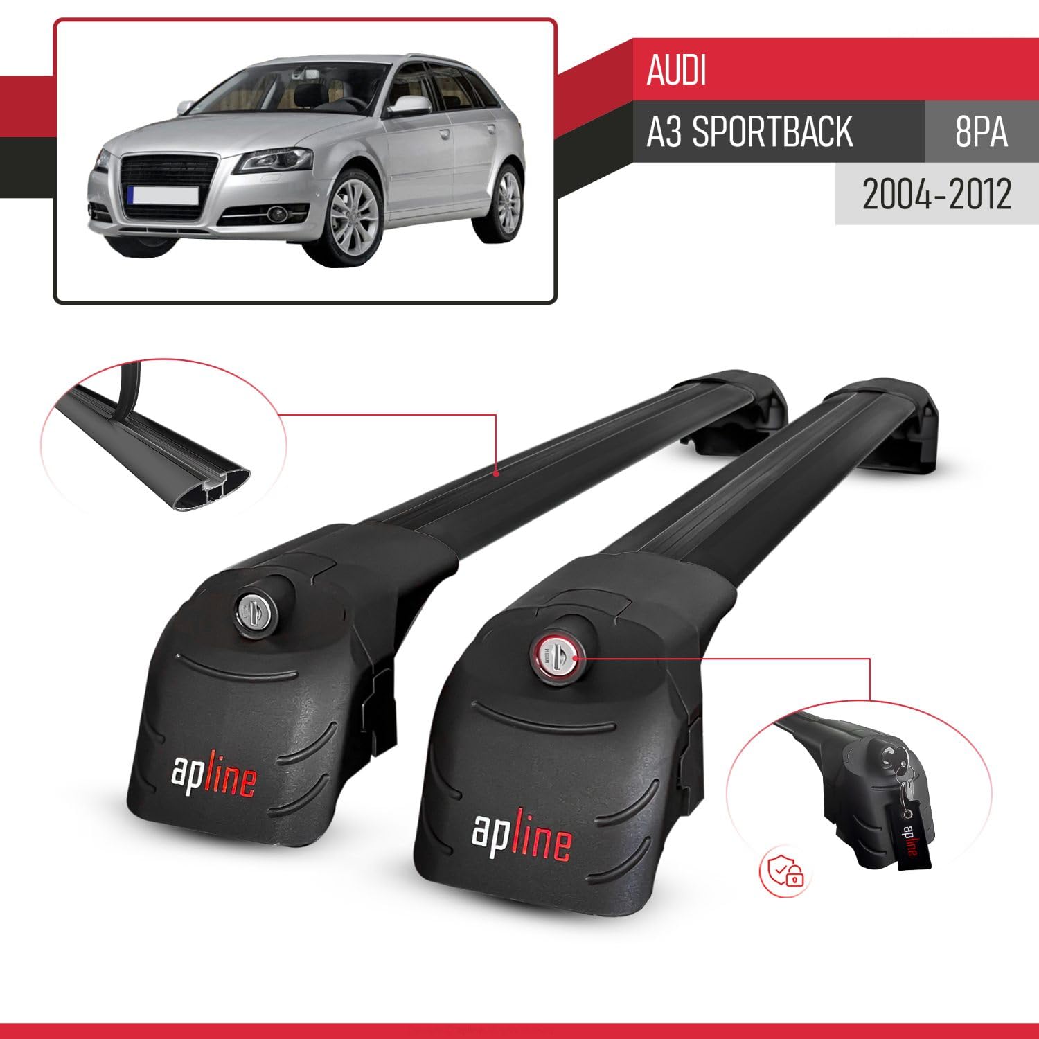 Compatible con Audi A3 (8PA) Sportback 2004-2012 Modelo Ace-2 Barra de Techo Auto Portaequipajes Barras Transversales Negro Aluminio 2 Barras