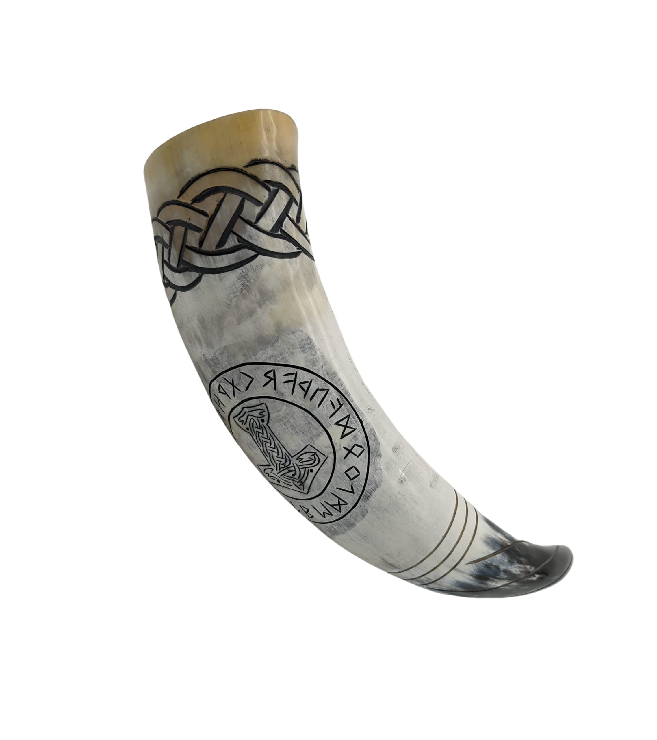 Corne à boire de Thor, 500 ml, Médiévale, Gravures nordiques, Mjölnir et nœuds nordiques, Kit Viking avec support et porte-ceinture en cuir
